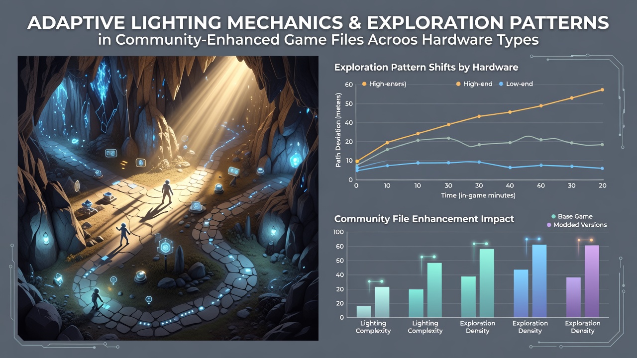 Visual representation of adaptive lighting mechanics in community-enhanced game environments showing dynamic shadows and light transitions across different hardware setups
