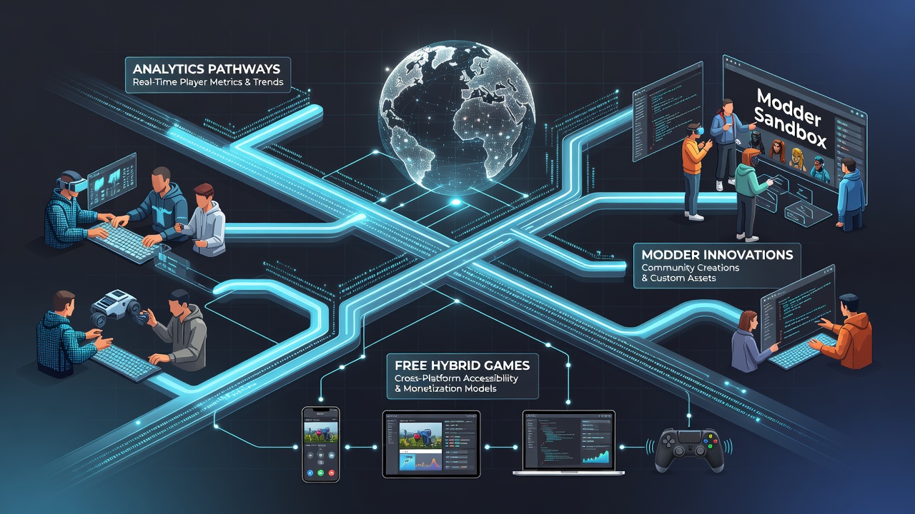 Modder community interface illustrating data visualizations used for hybrid game modifications on multiple devices