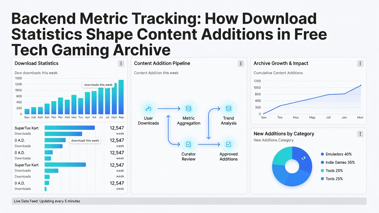 Analytics dashboard displaying download statistics and device distribution charts for gaming archives