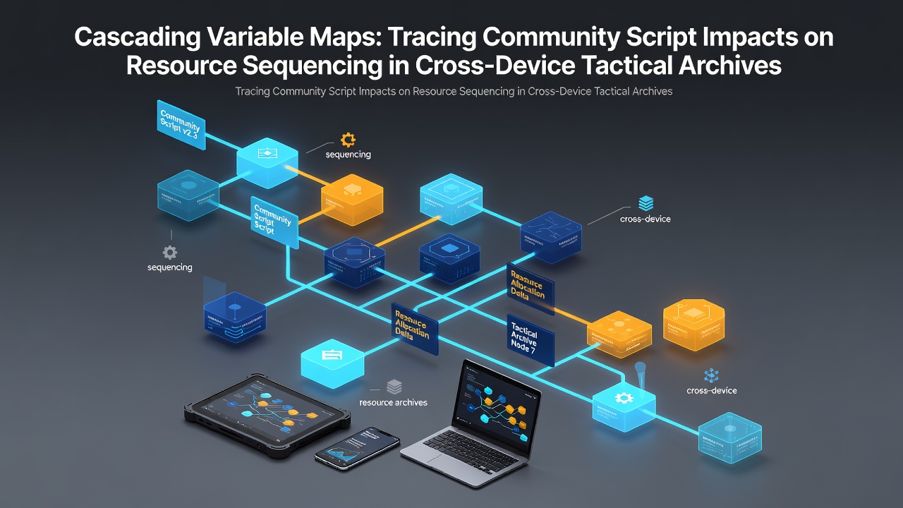 Diagram illustrating cascading variable maps in cross-device tactical game archives with community script overlays