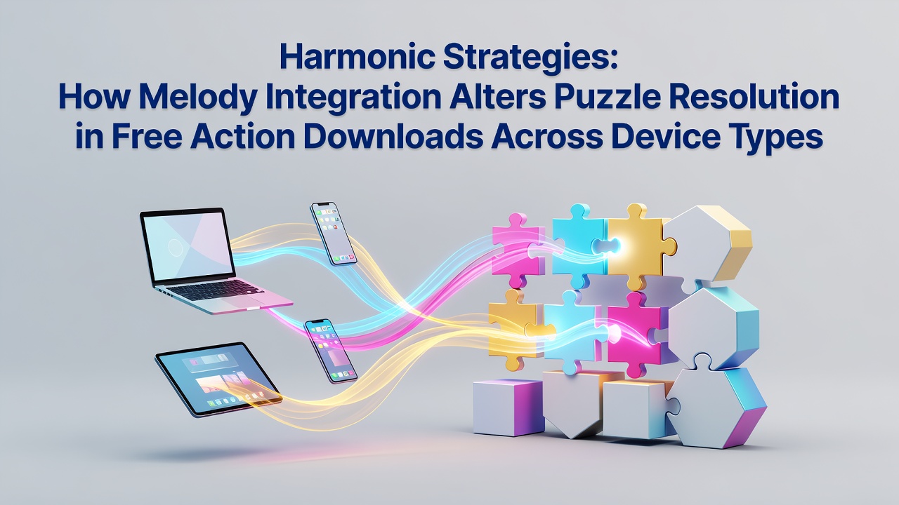 Visual representation of melody waveforms overlaying action puzzle interfaces in cross-device game downloads