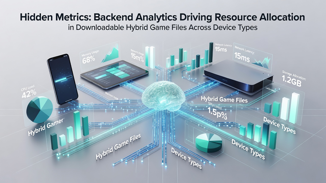 Backend analytics dashboard displaying resource allocation metrics for hybrid game files across multiple device types