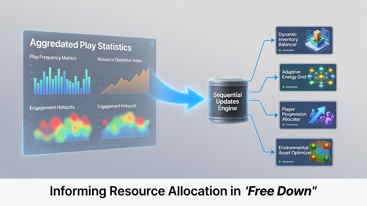 Developers reviewing charts of resource allocation changes based on aggregated play data from free downloadable games