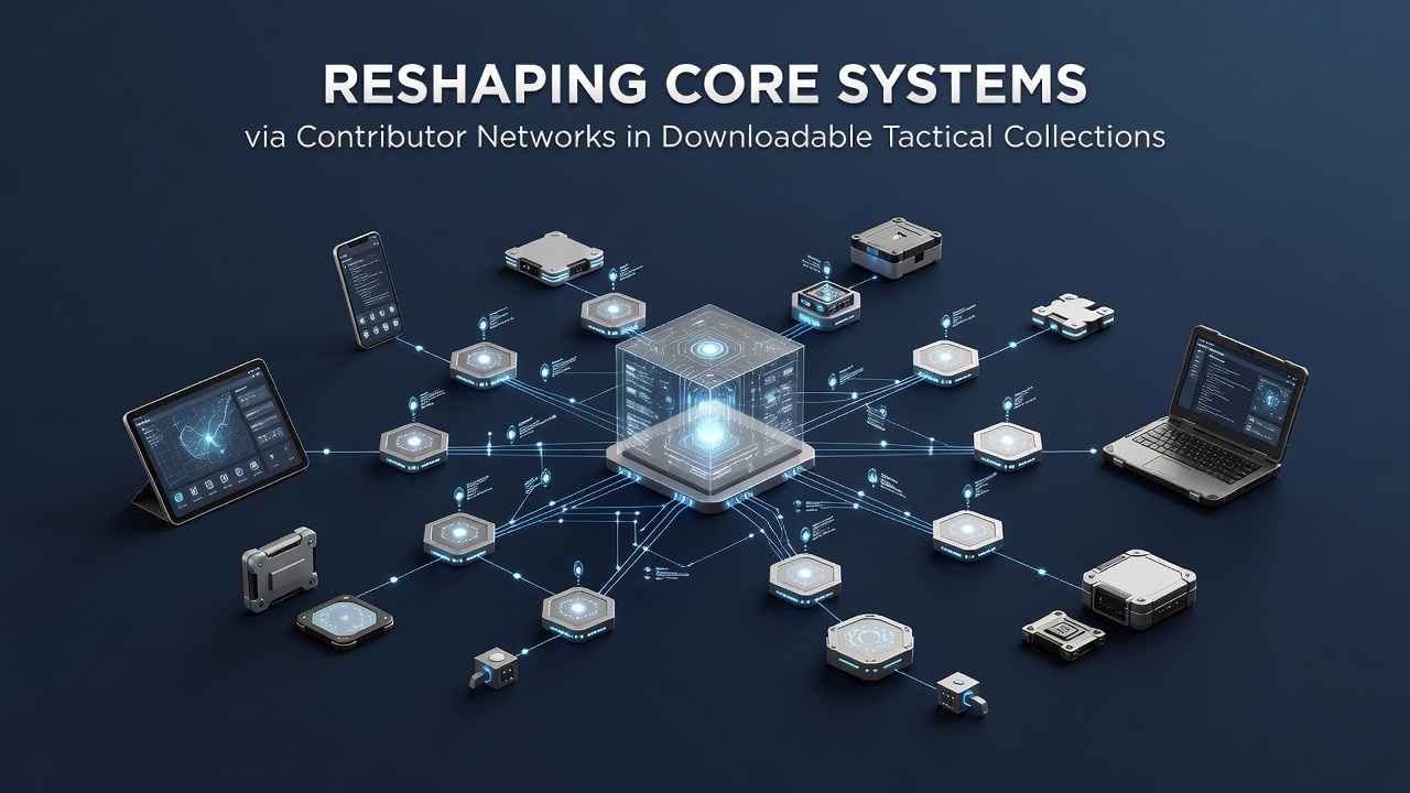Network diagram showing contributors modifying tactical game systems across PC and mobile devices