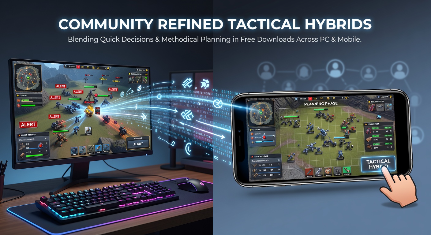 Players collaborating on tactical hybrid game strategies across PC and mobile devices