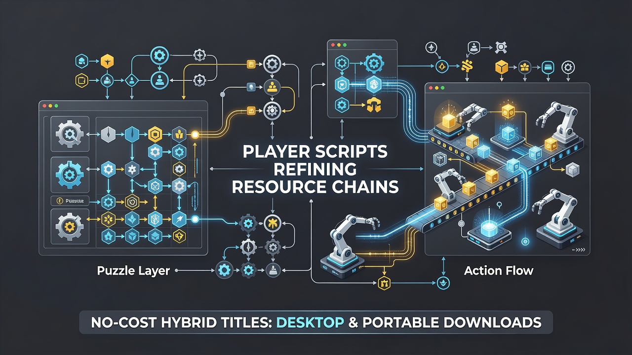 Illustration of player scripts optimizing resource flows in hybrid puzzle and action games on desktop and mobile