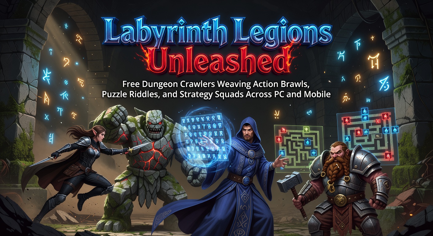 Vibrant dungeon crawler scene showing heroes battling monsters amid glowing puzzles and squad formations on a split PC-mobile screen