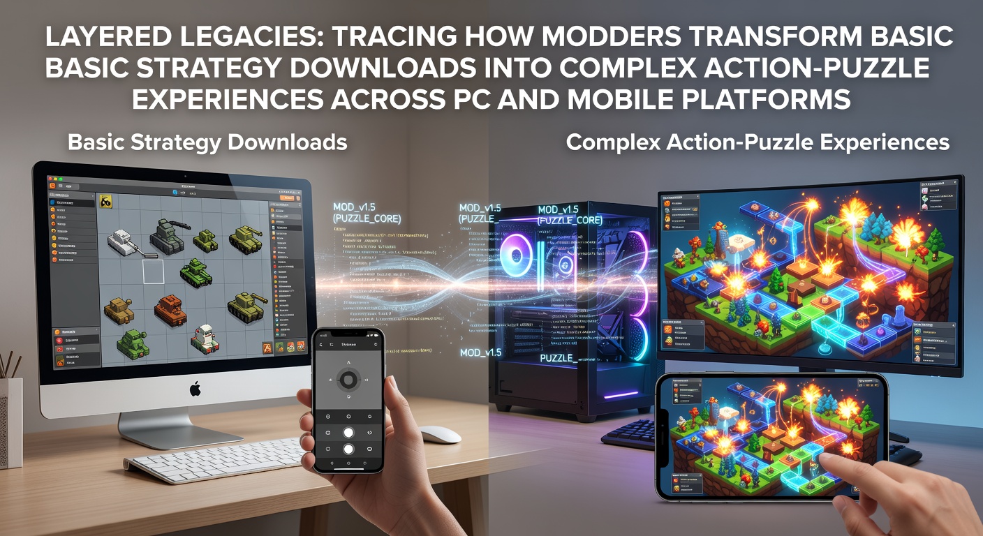 Modders collaborating on transforming a strategy game download into layered action and puzzle mechanics on PC and mobile screens