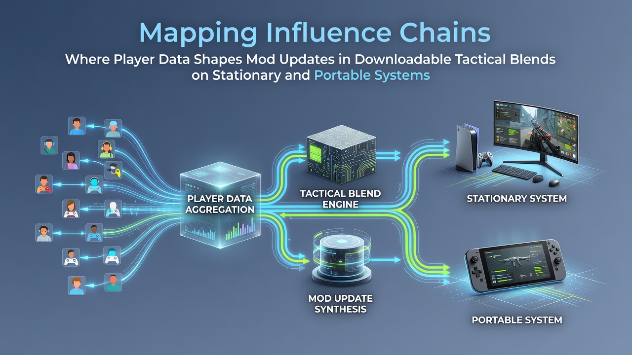 Diagram showing data flow from player interactions on PC and mobile devices into mod update pipelines for tactical game blends