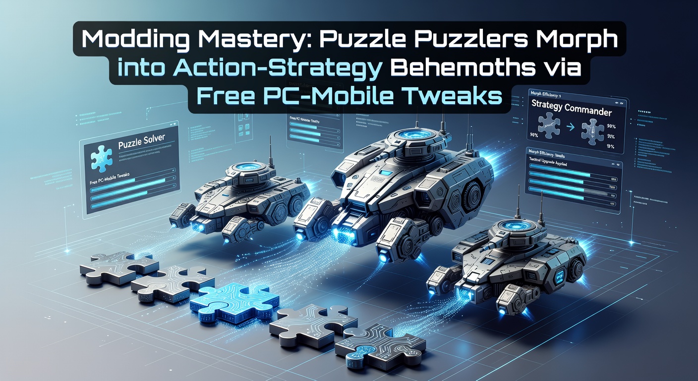 Modders tweaking a puzzle game interface on a split PC and mobile screen, transforming static puzzles into dynamic action-strategy battles
