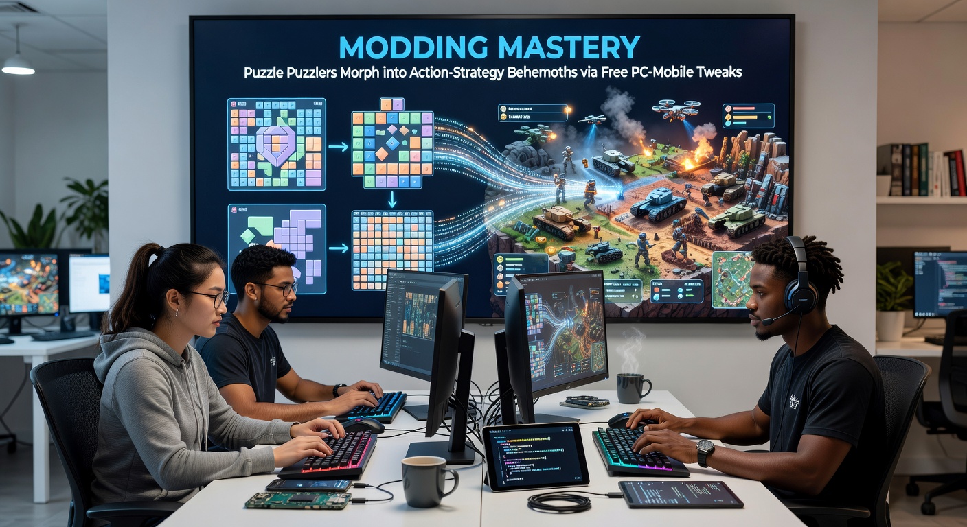 A before-and-after split screen showing a basic puzzle grid evolving into a bustling action-strategy battlefield with units, timers, and mobile controller overlays