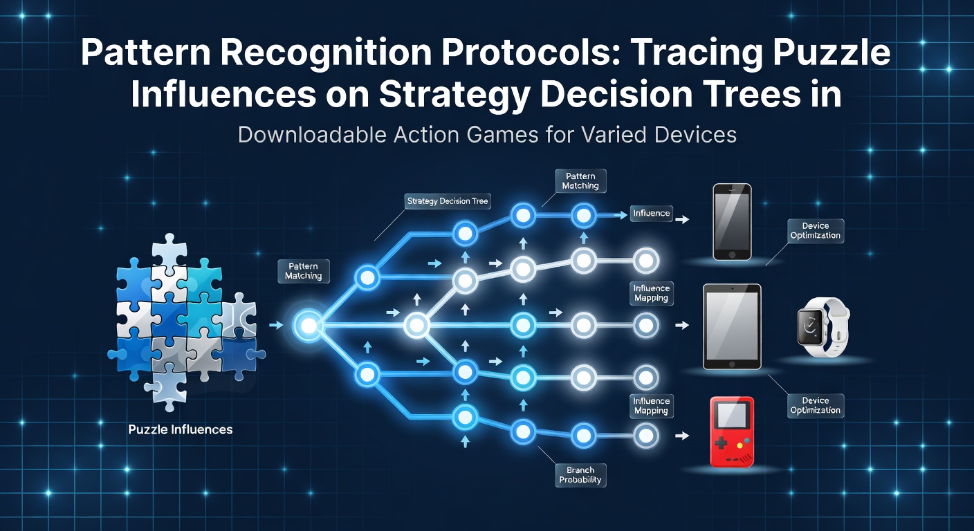 Diagram illustrating pattern recognition sequences mapped onto branching strategy decision trees in action game interfaces across desktop and handheld screens