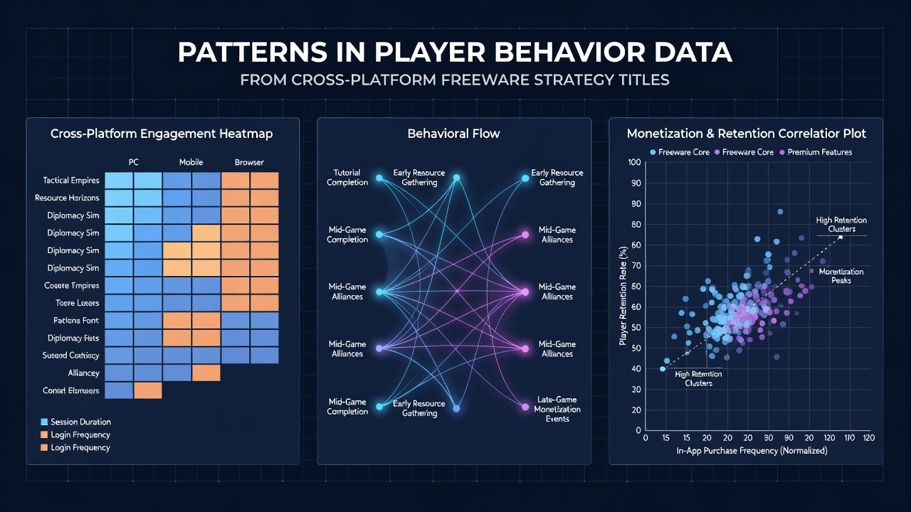 Charts showing session length variations and cross-platform migration rates in freeware strategy titles