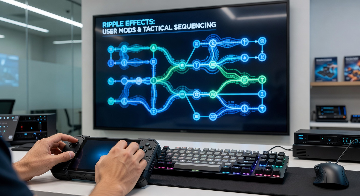 Detailed view of modified tactical sequencing code affecting resource chains and decision trees in portable and stationary game environments