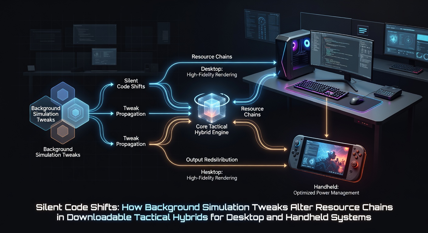 Diagram showing background simulation code layers influencing resource allocation in tactical hybrid games on desktop and mobile platforms