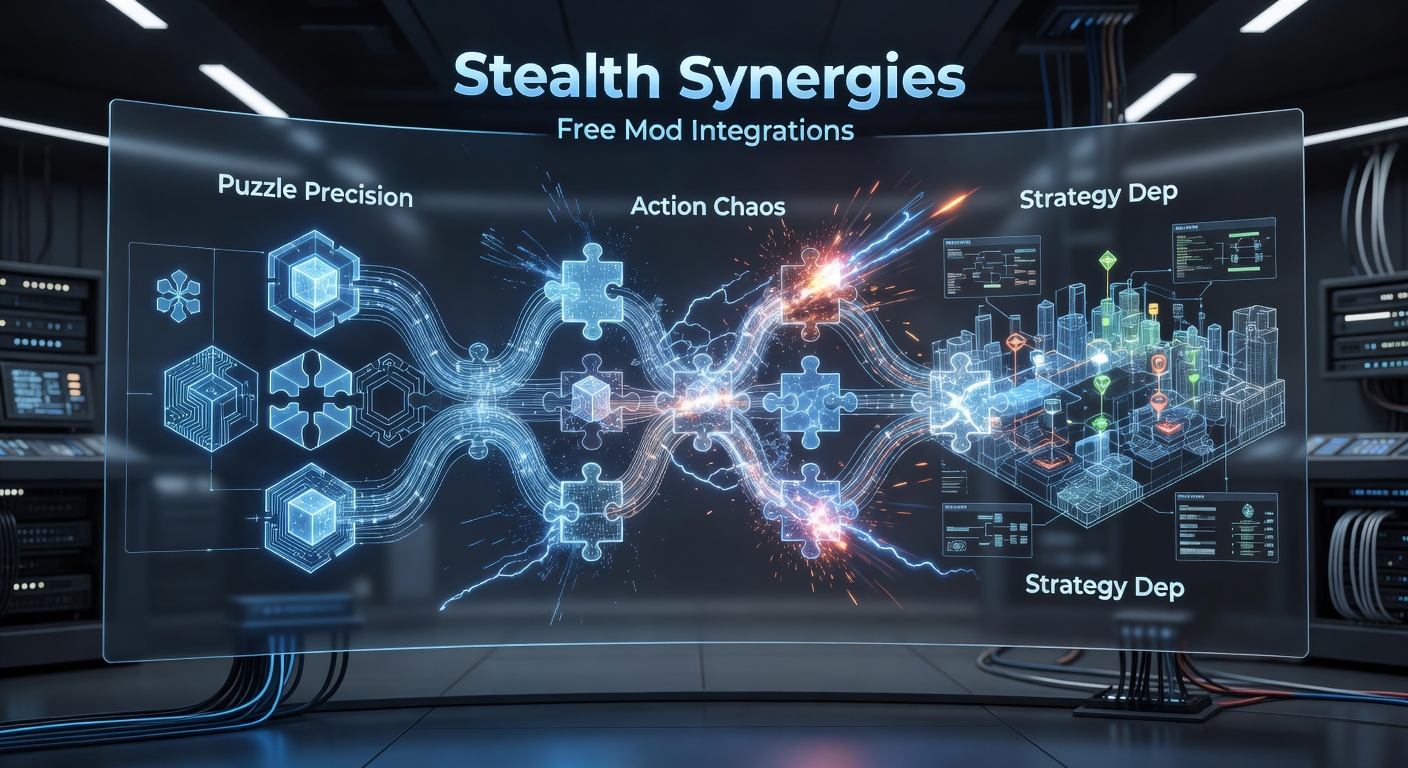 Close-up of mod integration interface in a freeware stealth game, displaying puzzle-action-strategy fusion on split-screen mobile and PC view