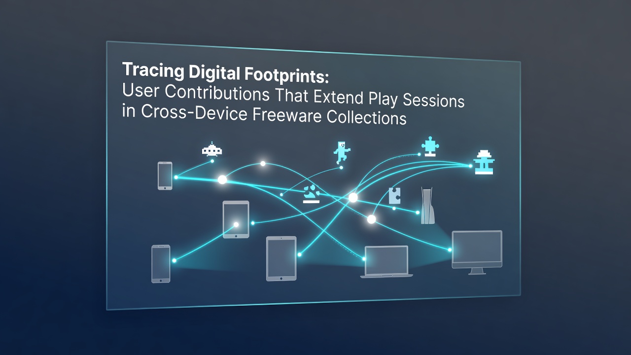 Digital footprints visualized through connected devices showing user contributions in freeware game collections