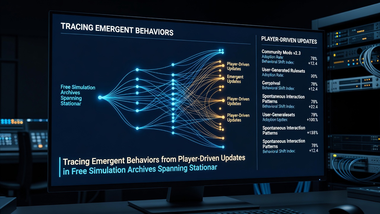 Cross-platform simulation gameplay showing emergent patterns on both desktop and mobile screens